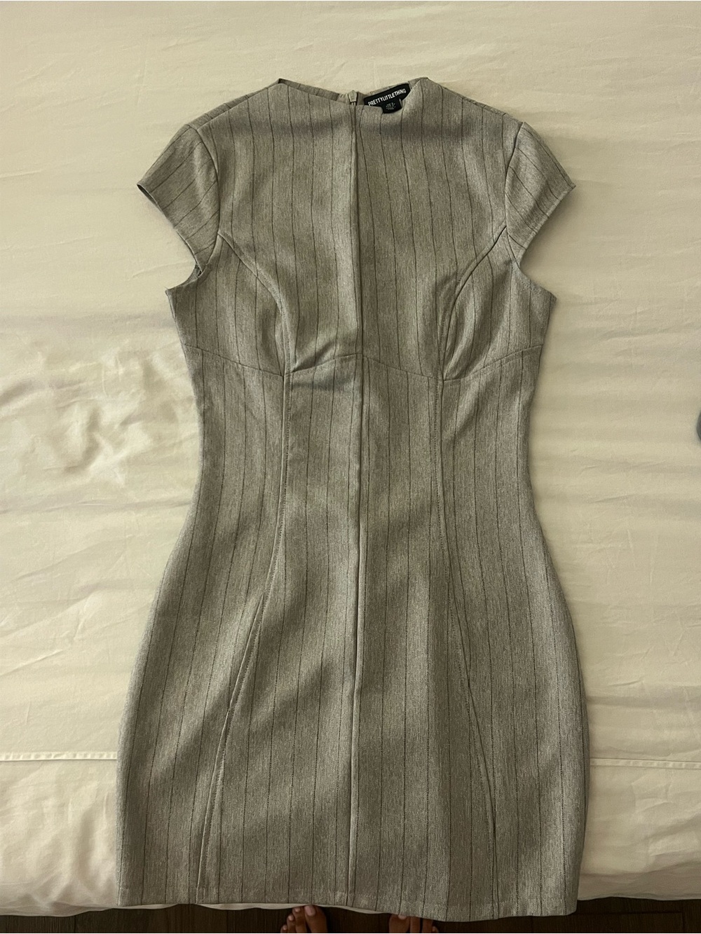 PrettyLittleThing Gray Pinstripe Cap Sleeve Dress